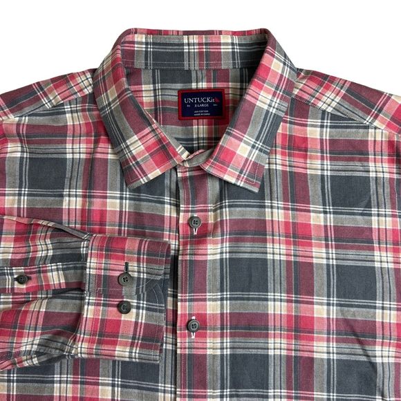 Untuckit‎ Mens Jadot Gray Pink Plaid Cotton Long Sleeve Button Up Shirt XL - Picture 1 of 5